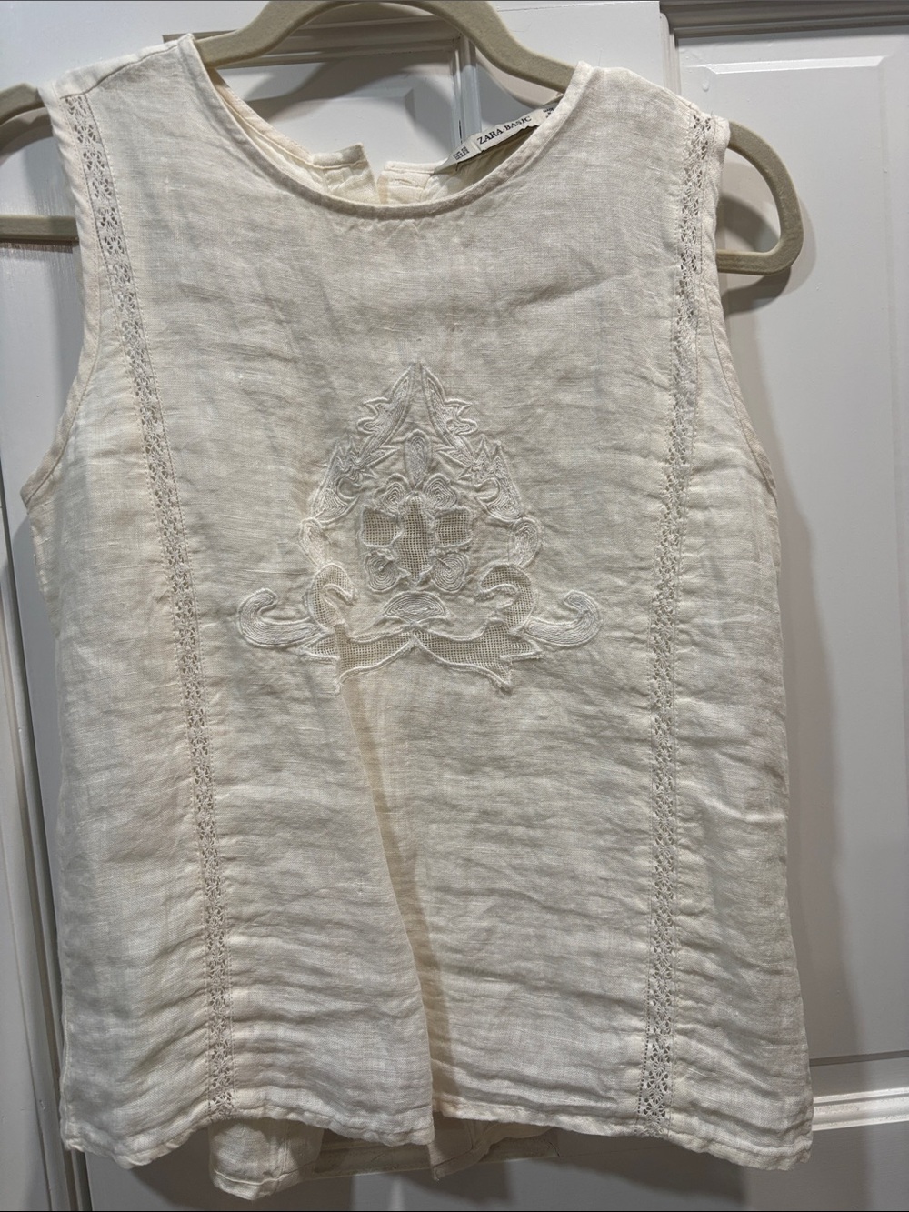 Zara Cream Embroidered Sleeveless Linen Top